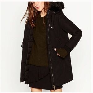 Zara Basic Outerwear Long Black Coat with Faux Fur Hood